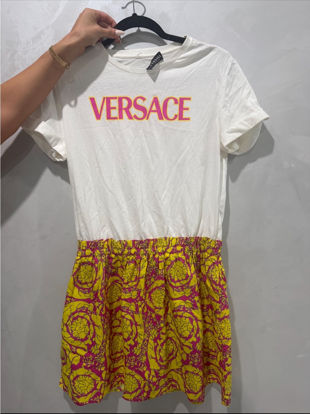 Versace White Pink Yellow Logo Kids Dress